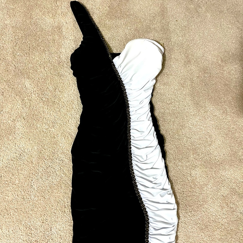 One shoulder, black and white bodycon dress